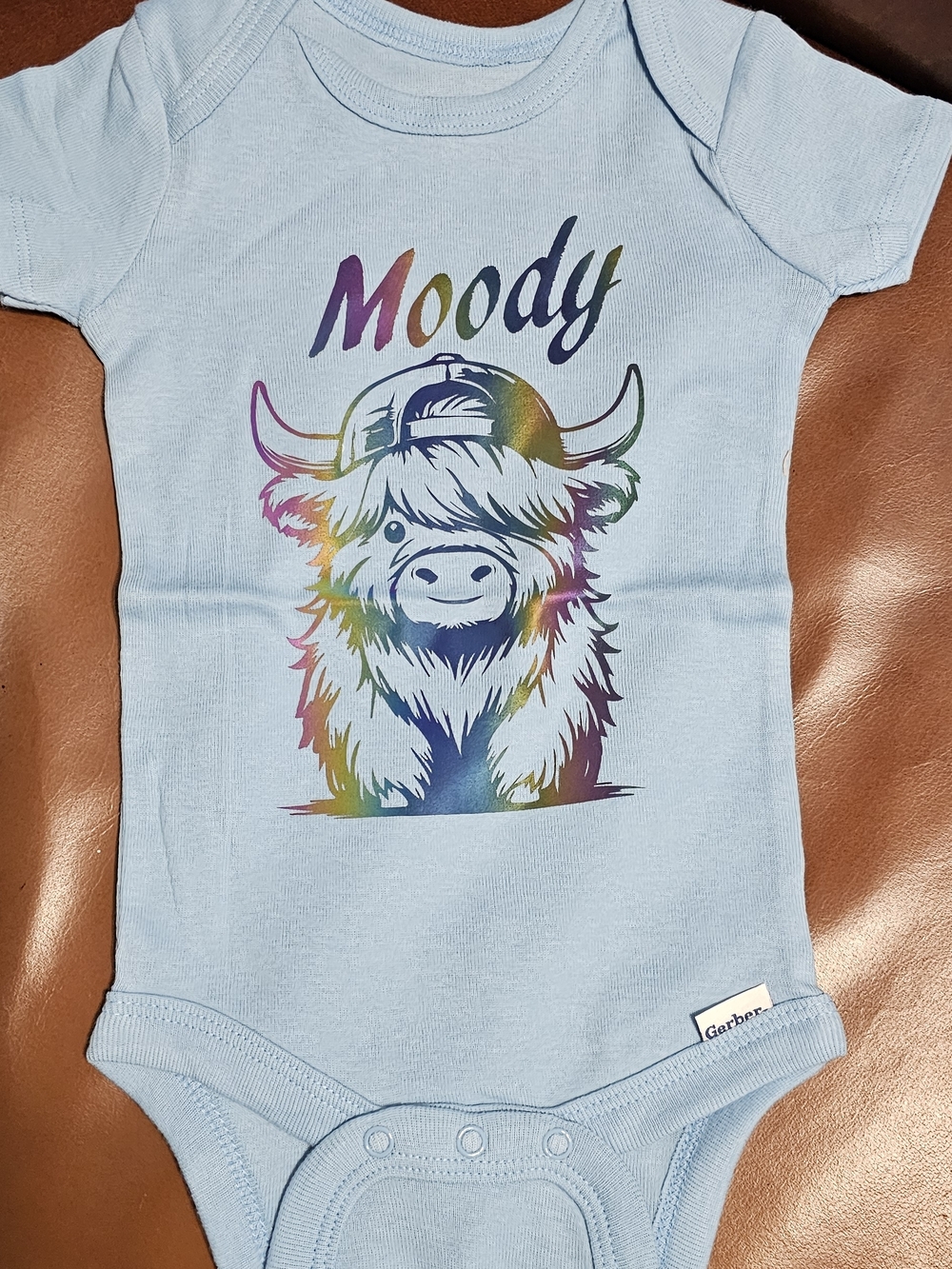 Gerber Light Blue "Moody" Highland Cow Graphic One-Piece Bodysuit